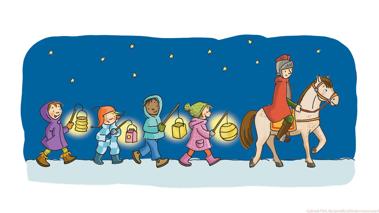 Ein gezeichneter Sankt Martin mit laternelaufenden Kindern